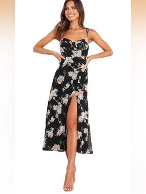 Petal & Pup Black & Tan Floral Feminine Meg Bustier Style Tie Sleeves Dress 4